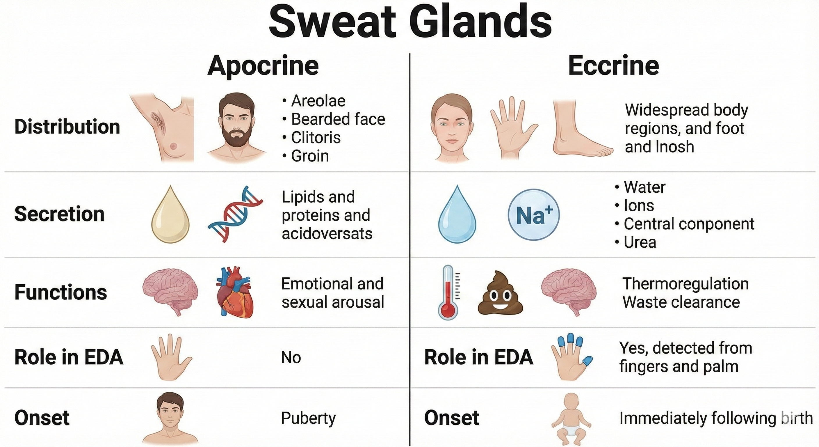 Graphic comparing sweat gland characteristics across body regions