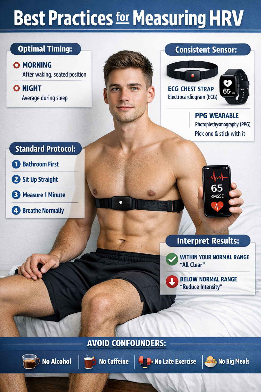 Best practices for measuring HRV including optimal timing, consistent sensor use, standard protocol, and avoiding confounders