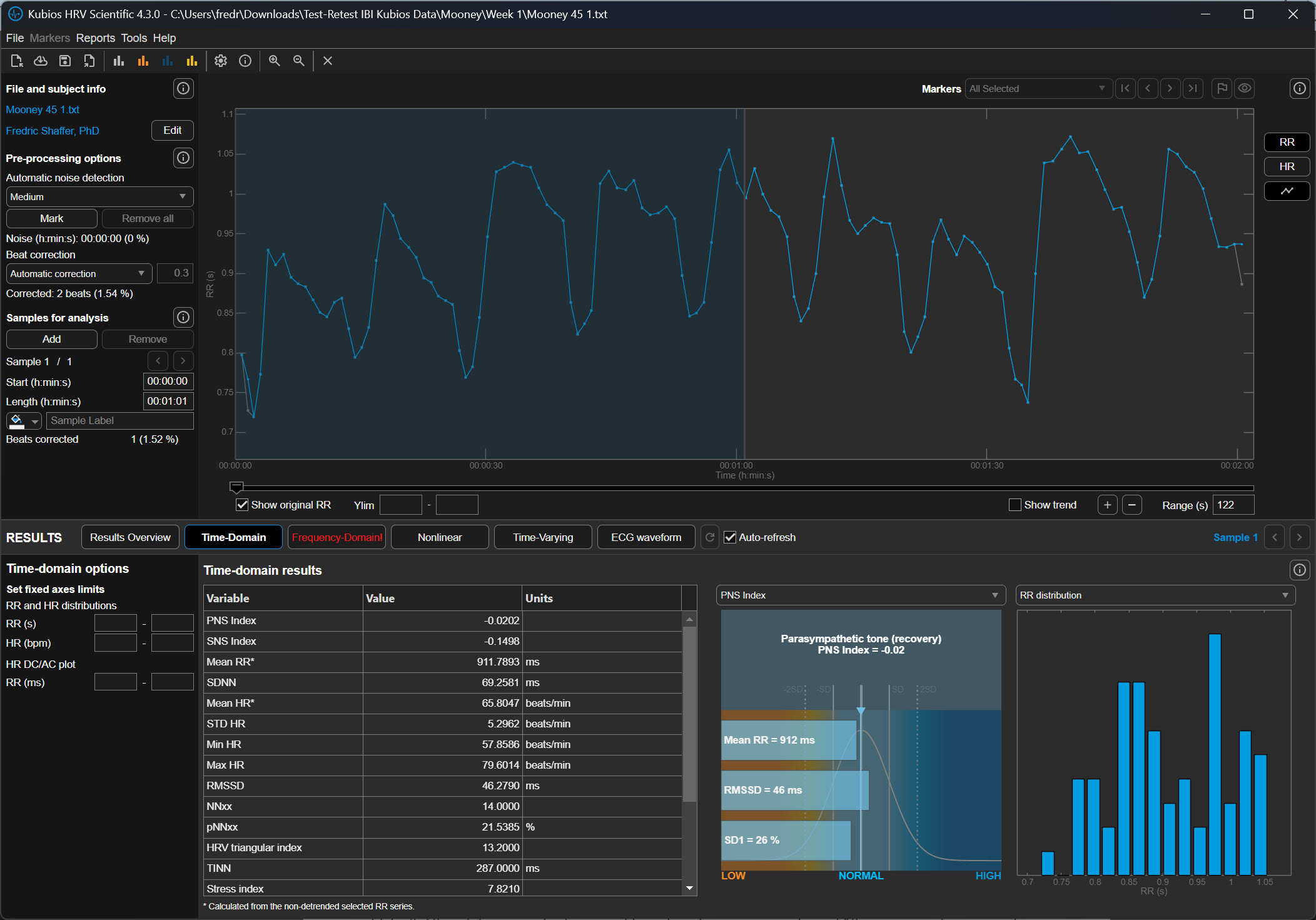 Kubios HRV review screen