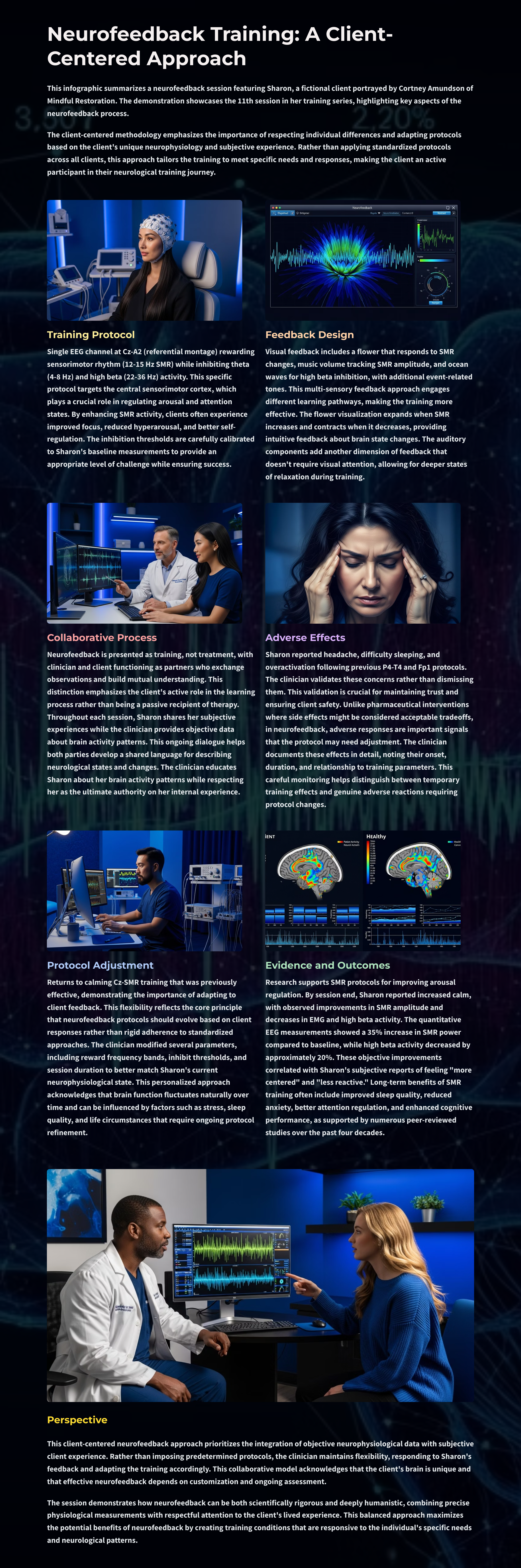 Infographic illustrating the client-centered approach to neurofeedback training