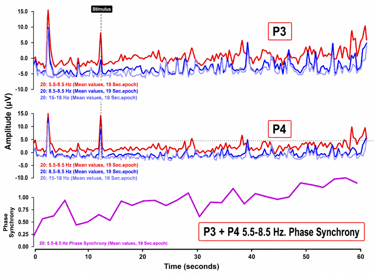 Nexus neurofeedback display showing a 60-second window from a later two-channel A-T session, with P3 and P4 band amplitudes above and rising 5.5-8.5 Hz phase synchrony below