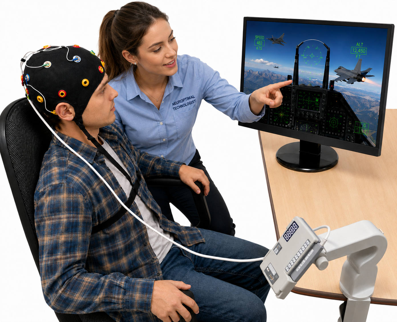 Neurofeedback technologist reviewing a feedback display with a client wearing an EEG cap