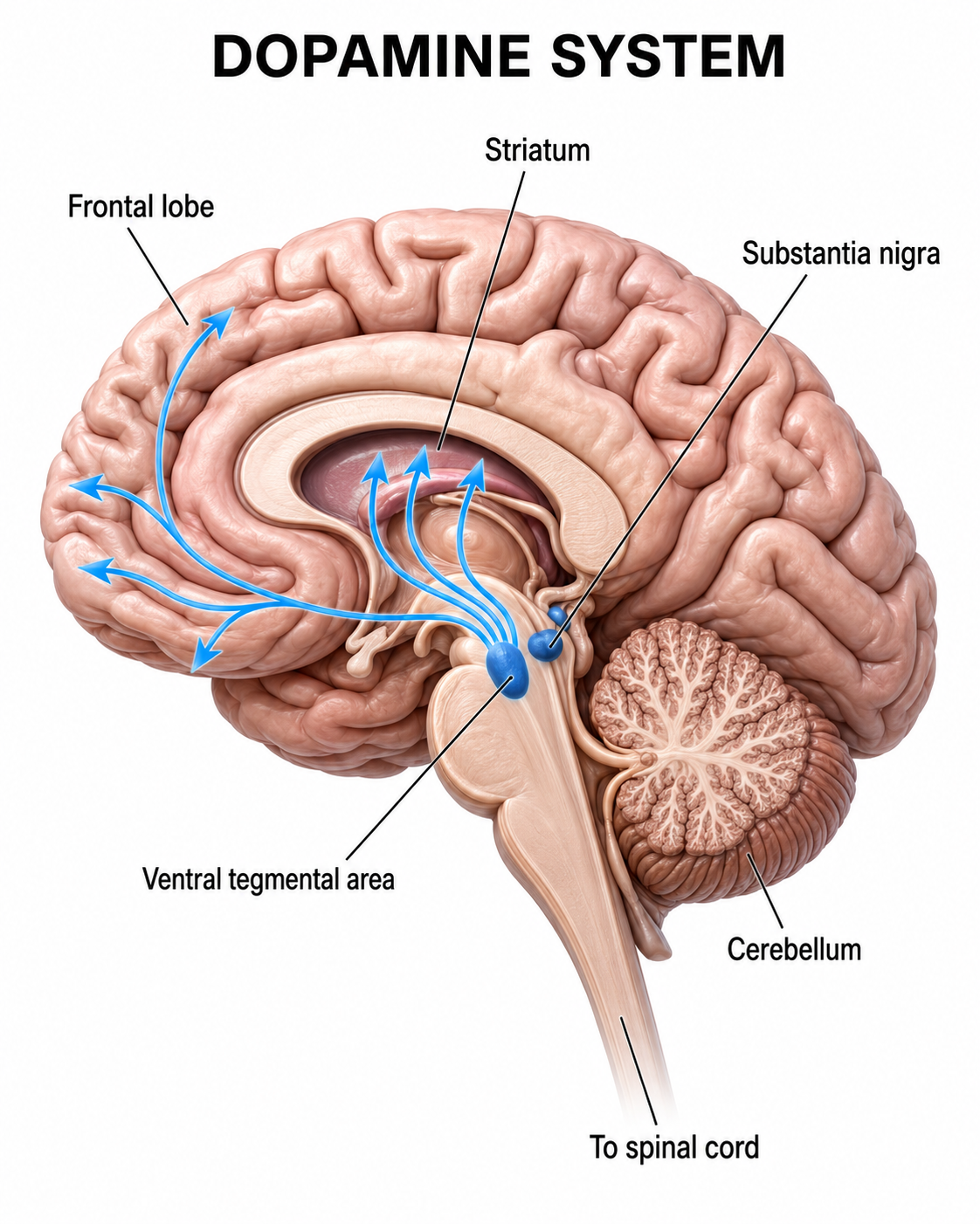 Illustration of the ascending dopaminergic pathways projecting from the midbrain to cortical and subcortical targets