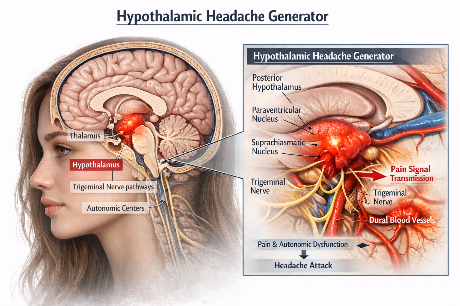 Diagram of the hypothesized hypothalamic headache generator