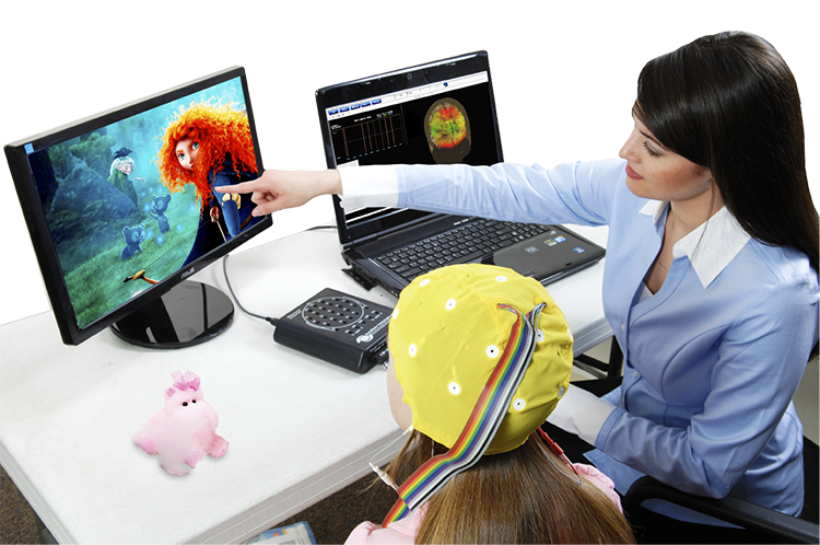 Clinician seated beside a child wearing a yellow EEG electrode cap, watching an animated video on one monitor while a laptop displays EEG traces and a topographic brain map
