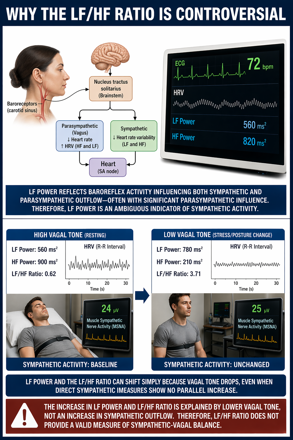 Diagram illustrating the controversy over the LF/HF ratio as a marker of sympathovagal balance