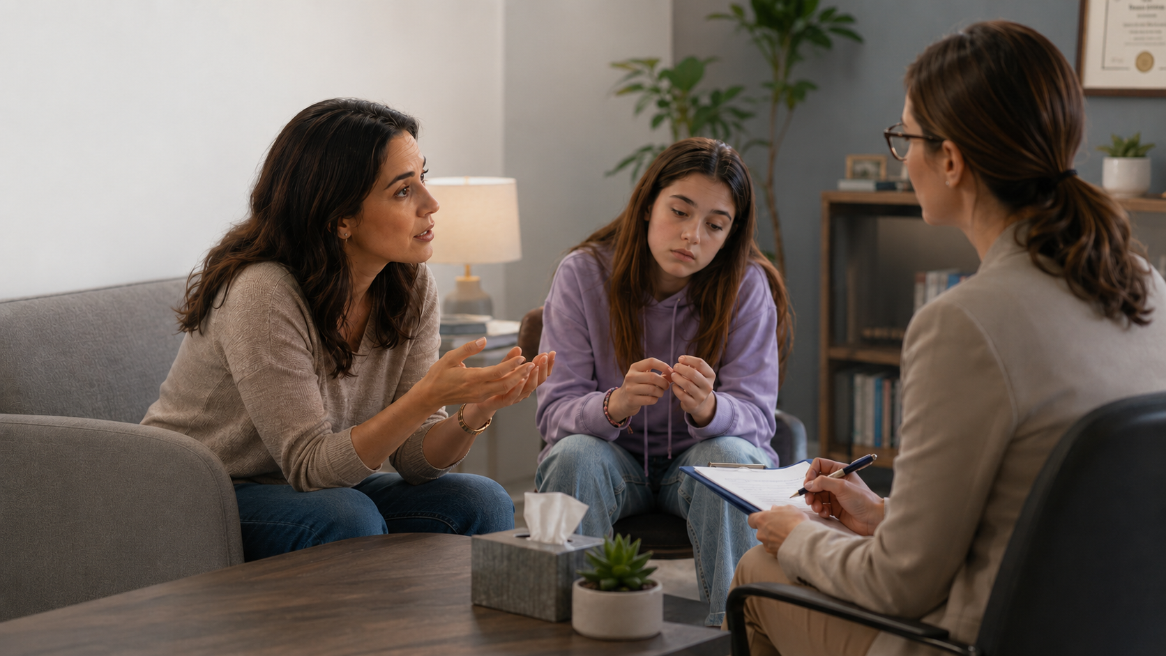 A clinician meeting with a mother and her adolescent daughter
