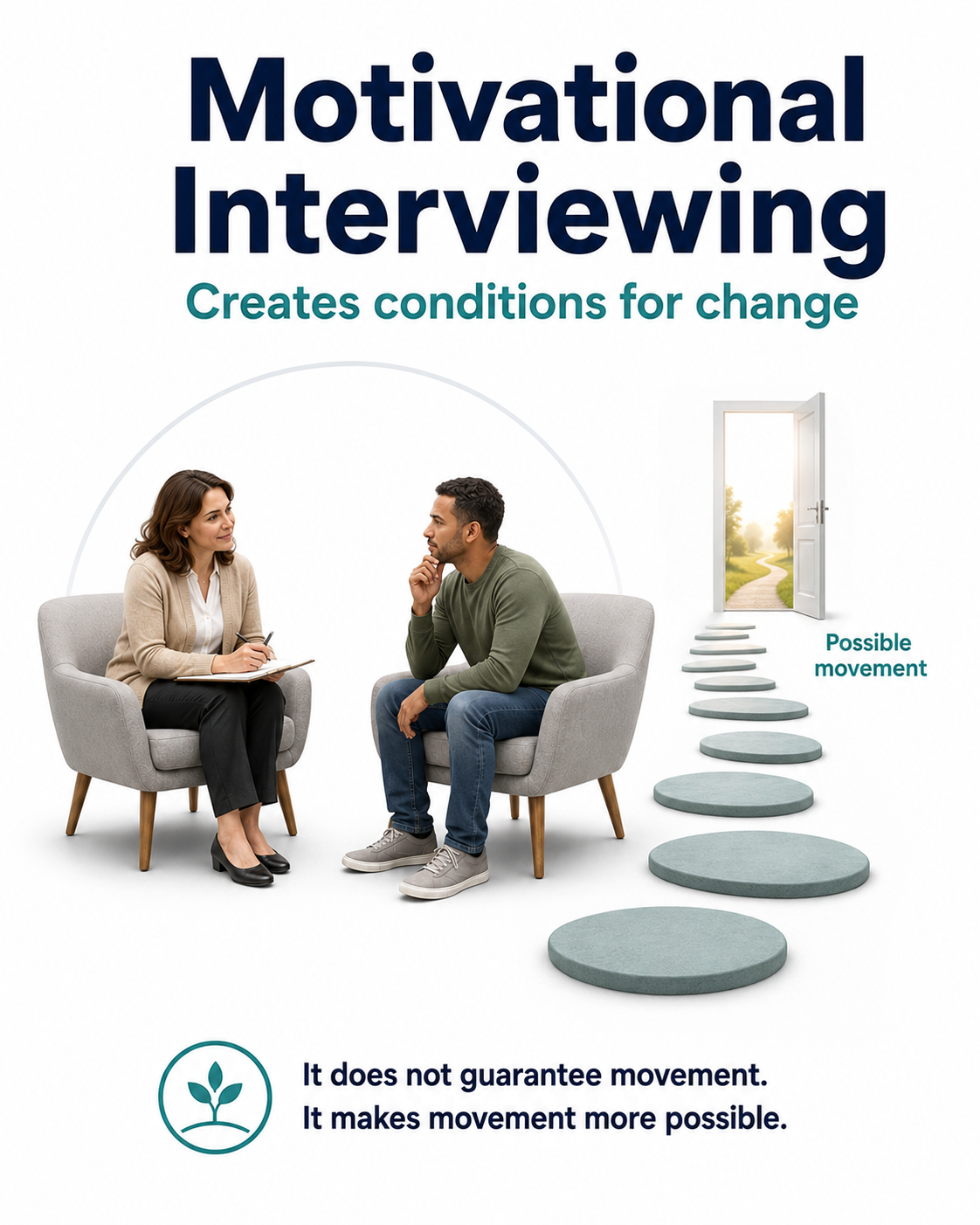 Motivational interviewing creates conditions for change: it does not guarantee movement, it makes movement more possible