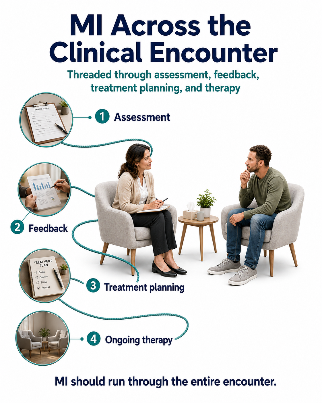 MI threaded across the clinical encounter: assessment, feedback, treatment planning, and ongoing therapy