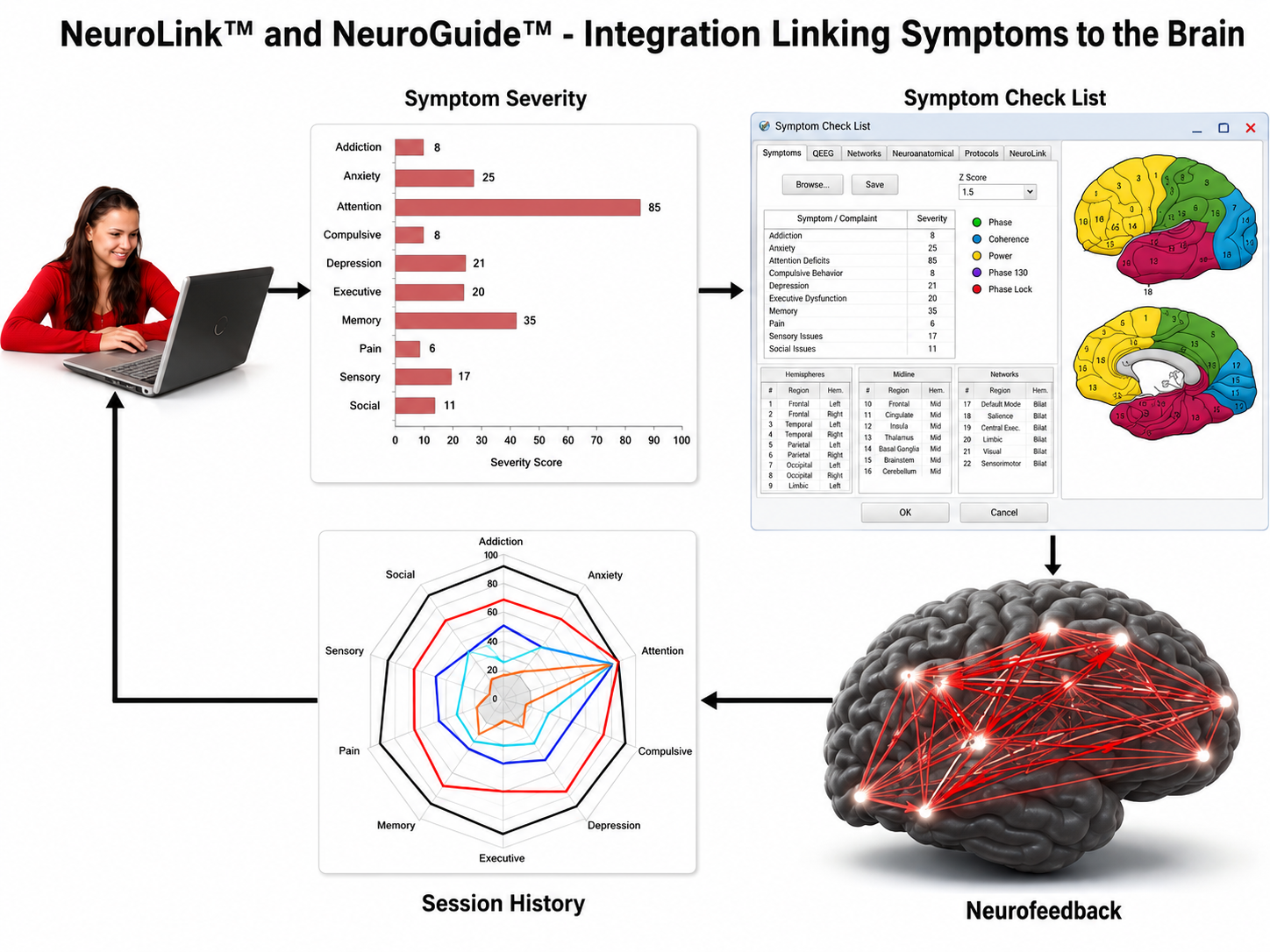 NeuroLink application interface showing integrated patient self-assessment and NeuroGuide network targeting
