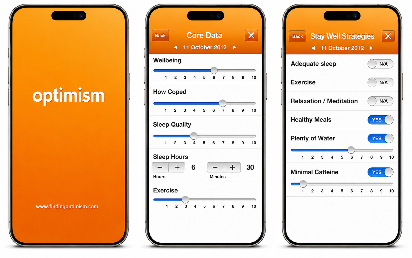 Optimism mental health application interface showing self-monitoring features for daily mood and symptom tracking