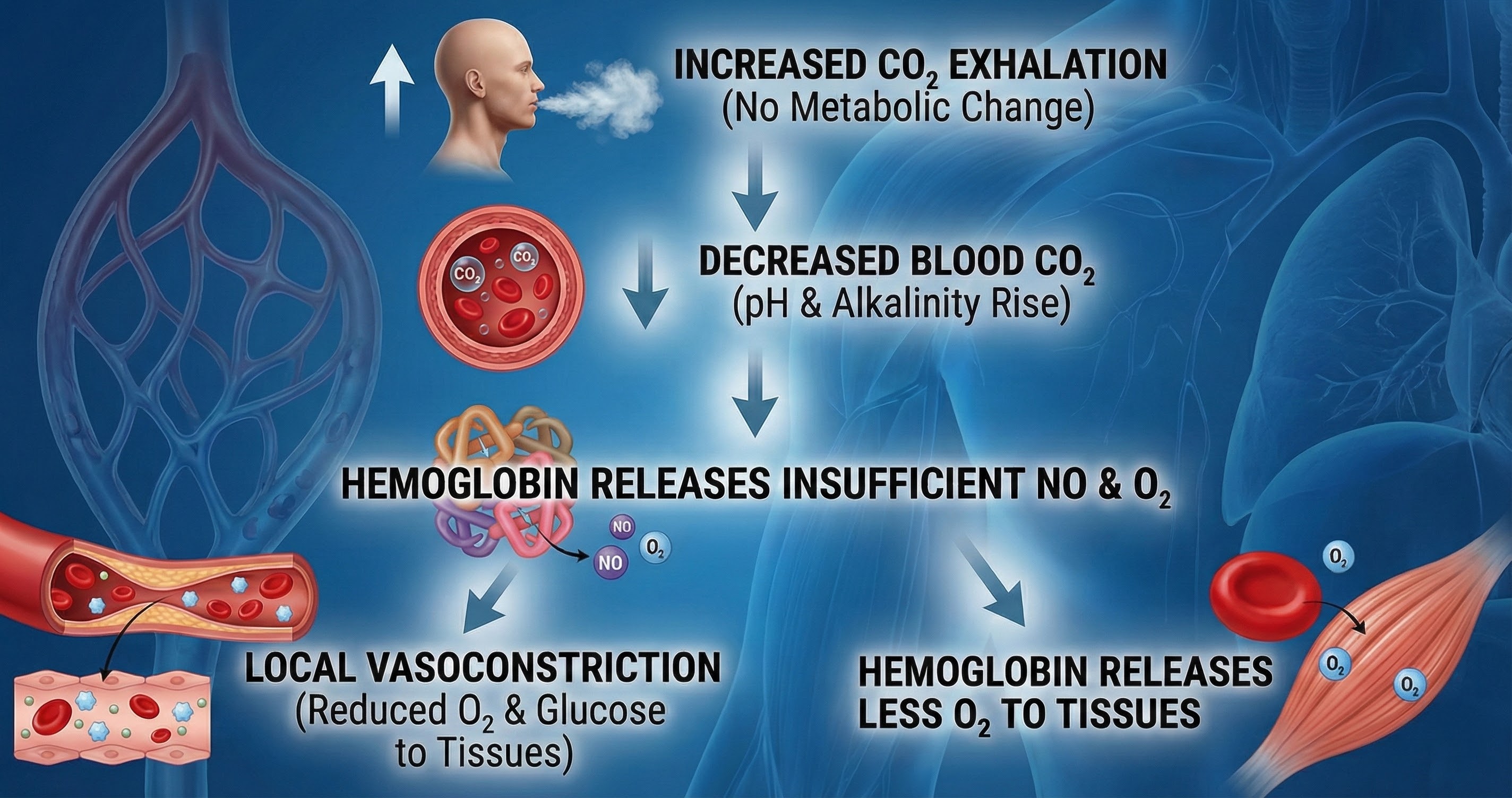 Flowchart of the overbreathing cascade from CO2 depletion through alkalosis, vasoconstriction, and tissue oxygen starvation