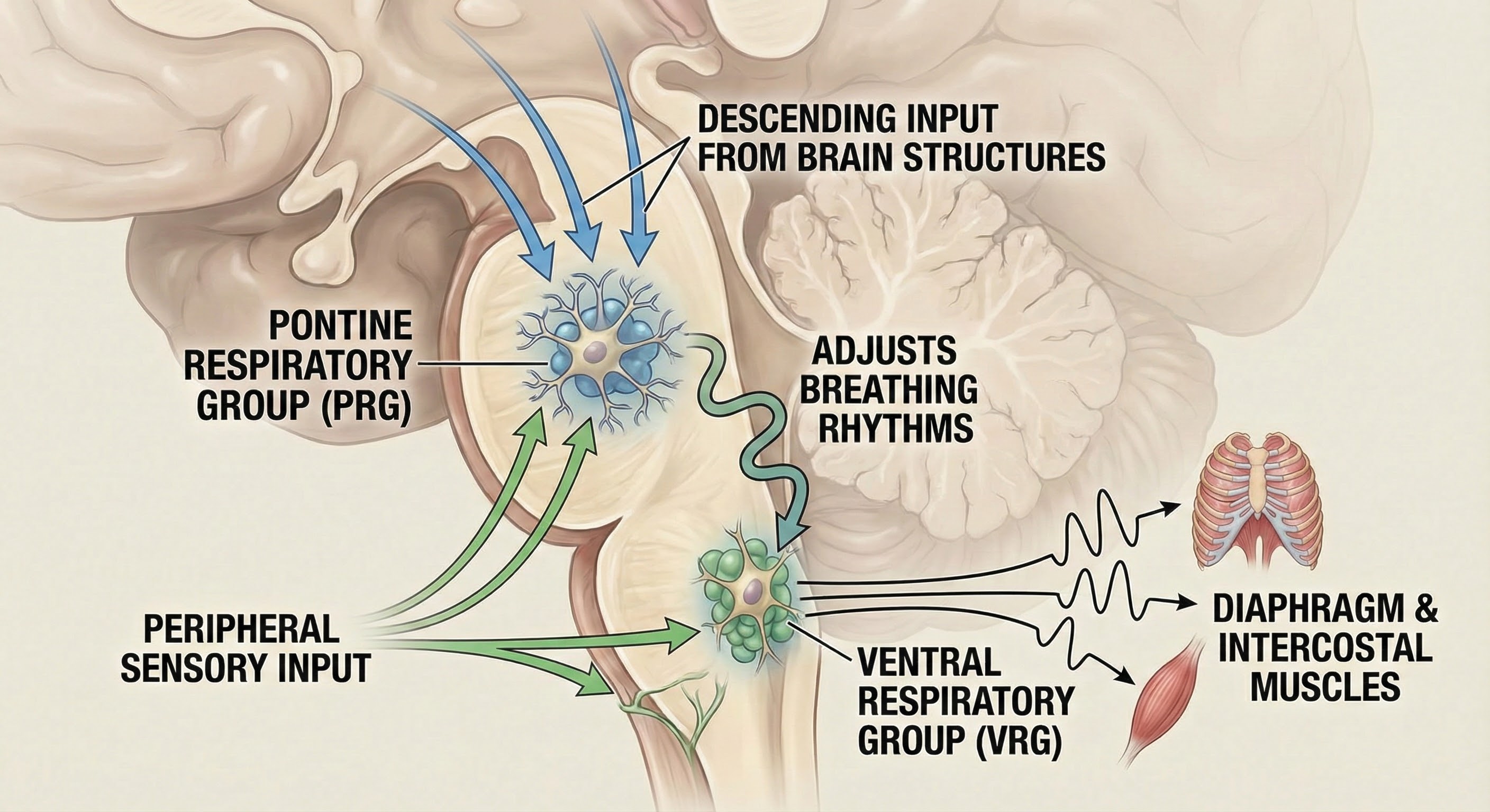 Diagram of the pontine respiratory group integrating signals to smooth the breathing rhythm