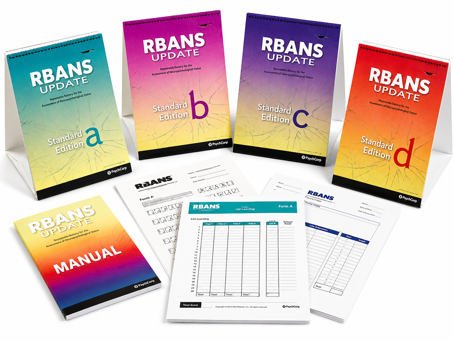RBANS Update materials: four alternate stimulus books (Standard Editions a, b, c, d), record forms, and the manual