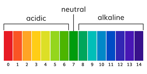 The pH scale ranging from acidic to alkaline with common substances marked along it