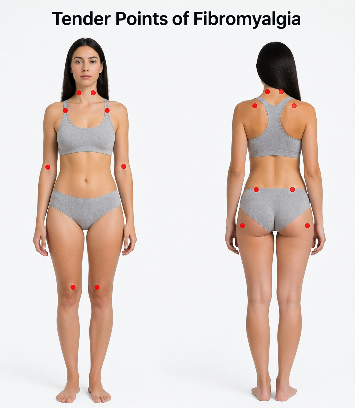 Locations of the 18 fibromyalgia tender points on the front and back of the body