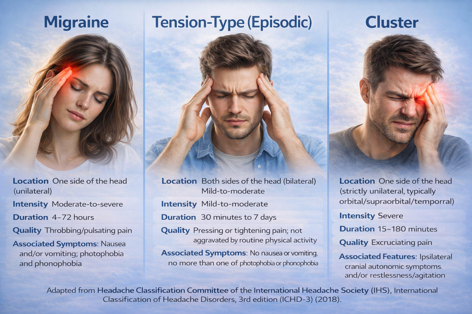 Comparison table describing tension-type, migraine, and cluster headache