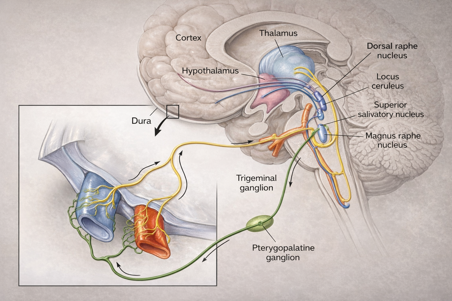 Diagram of the trigeminovascular pathway from meningeal blood vessels through the trigeminal ganglion to the trigeminocervical complex