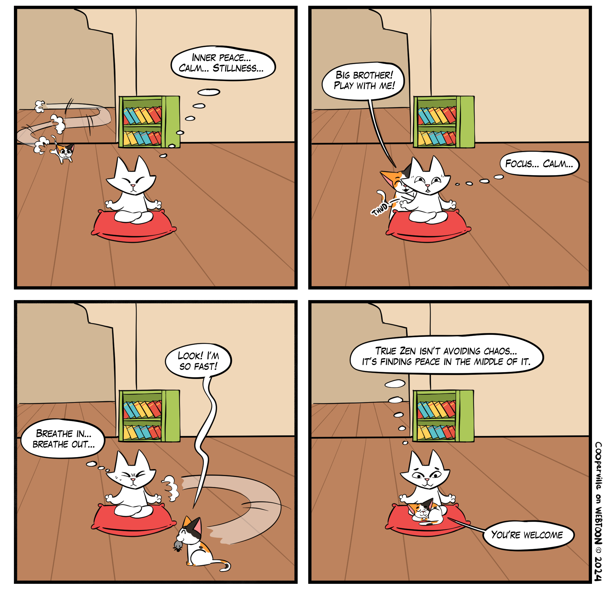 Cooperville comic strip about relaxing amid distractions