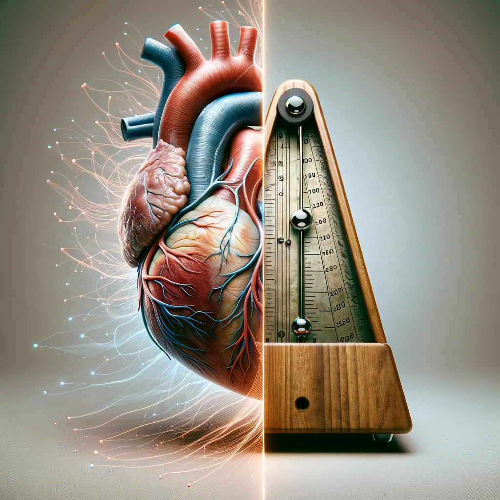 Conceptual image contrasting a heart with a metronome