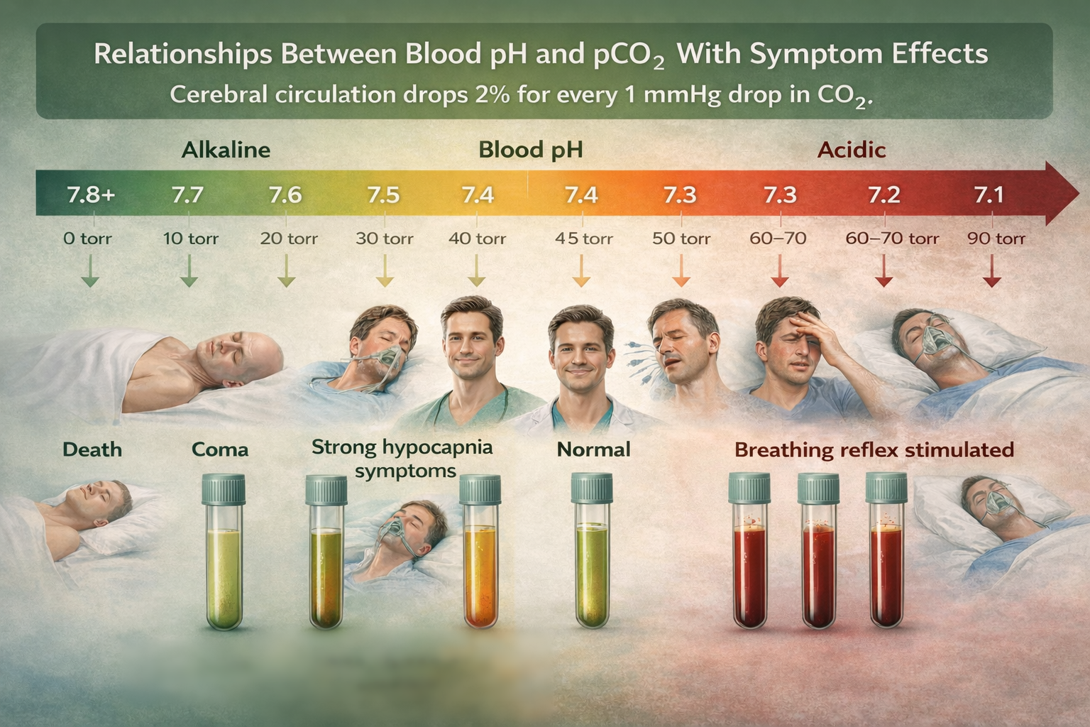 Infographic correlating blood pH values with carbon dioxide levels and the resulting physiological states