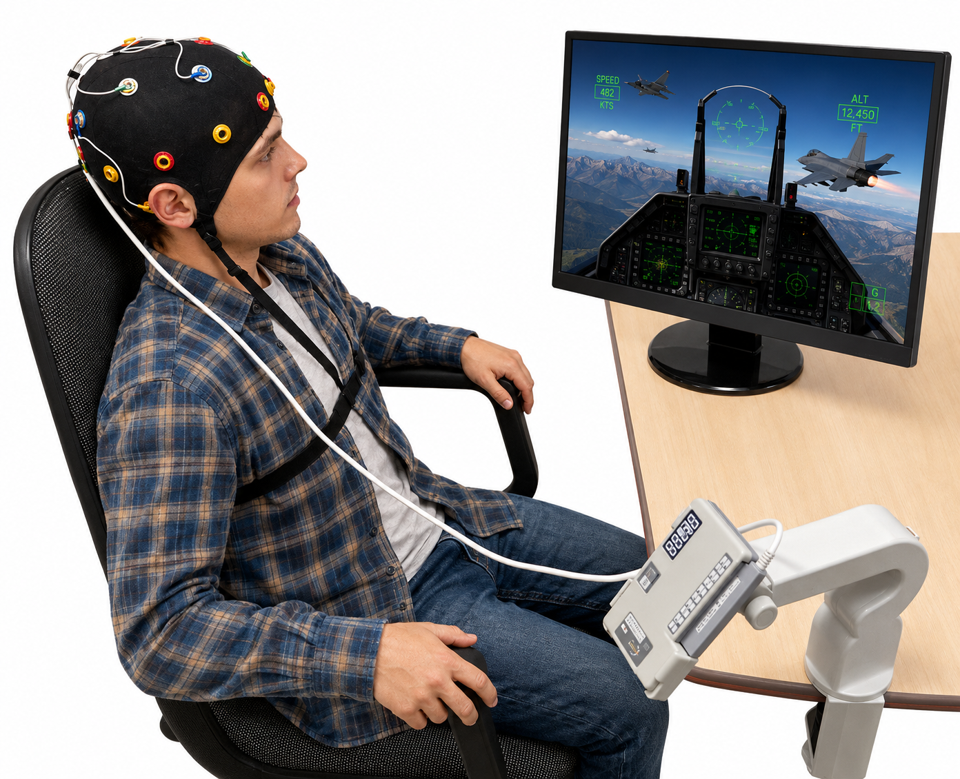 Man wearing a black elastic EEG cap with colored electrode holders during a multi-site recording