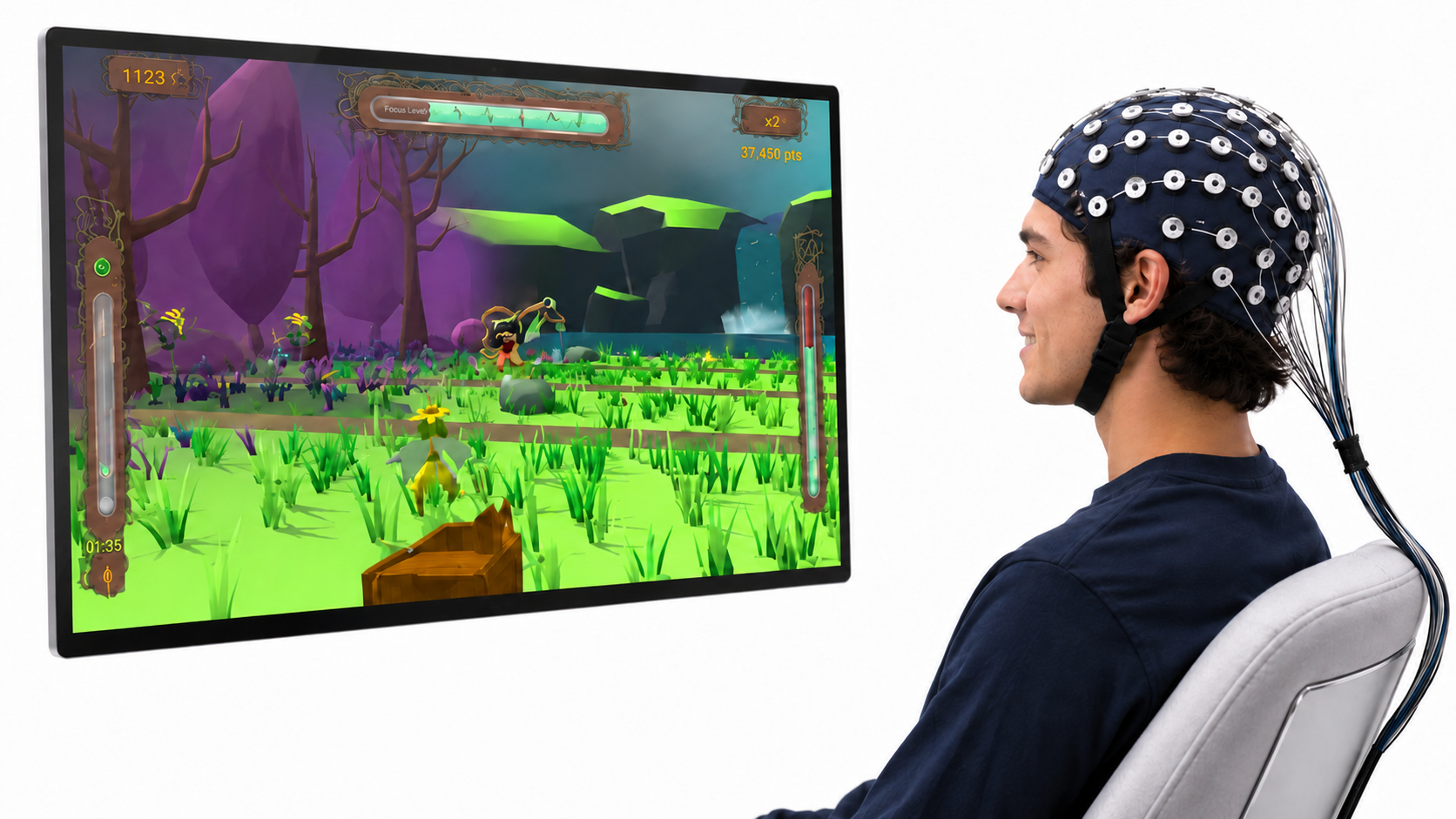A client wearing a multi-channel EEG cap watches a game-based neurofeedback display with an on-screen focus meter