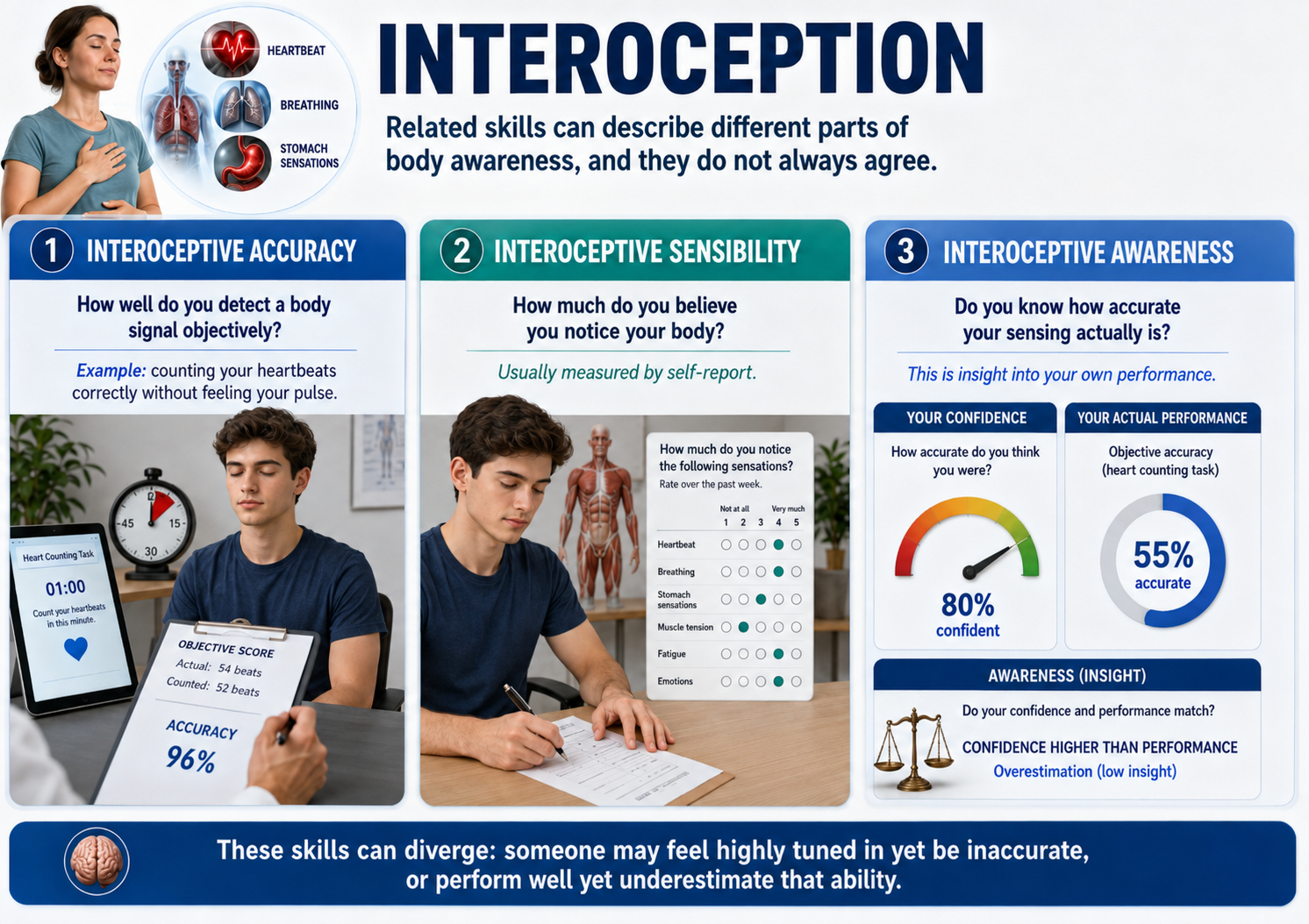 Infographic contrasting three components of interoception: accuracy, measured objectively by a heartbeat counting task; sensibility, measured by self-report; and awareness, the match between confidence and actual performance
