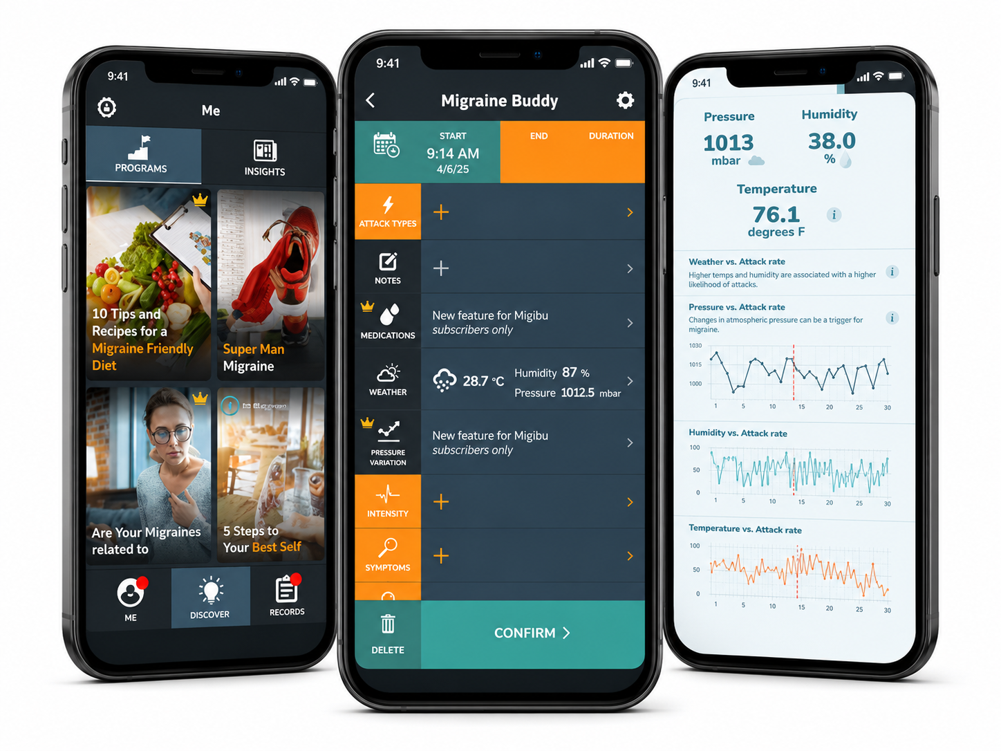 Migraine Buddy smartphone application interface for tracking headache symptoms