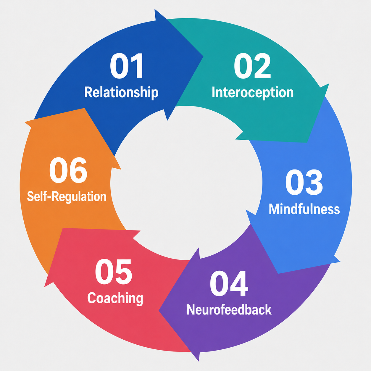 Circular diagram of six core elements of neurofeedback: relationship, interoception, mindfulness, neurofeedback, coaching, and self-regulation