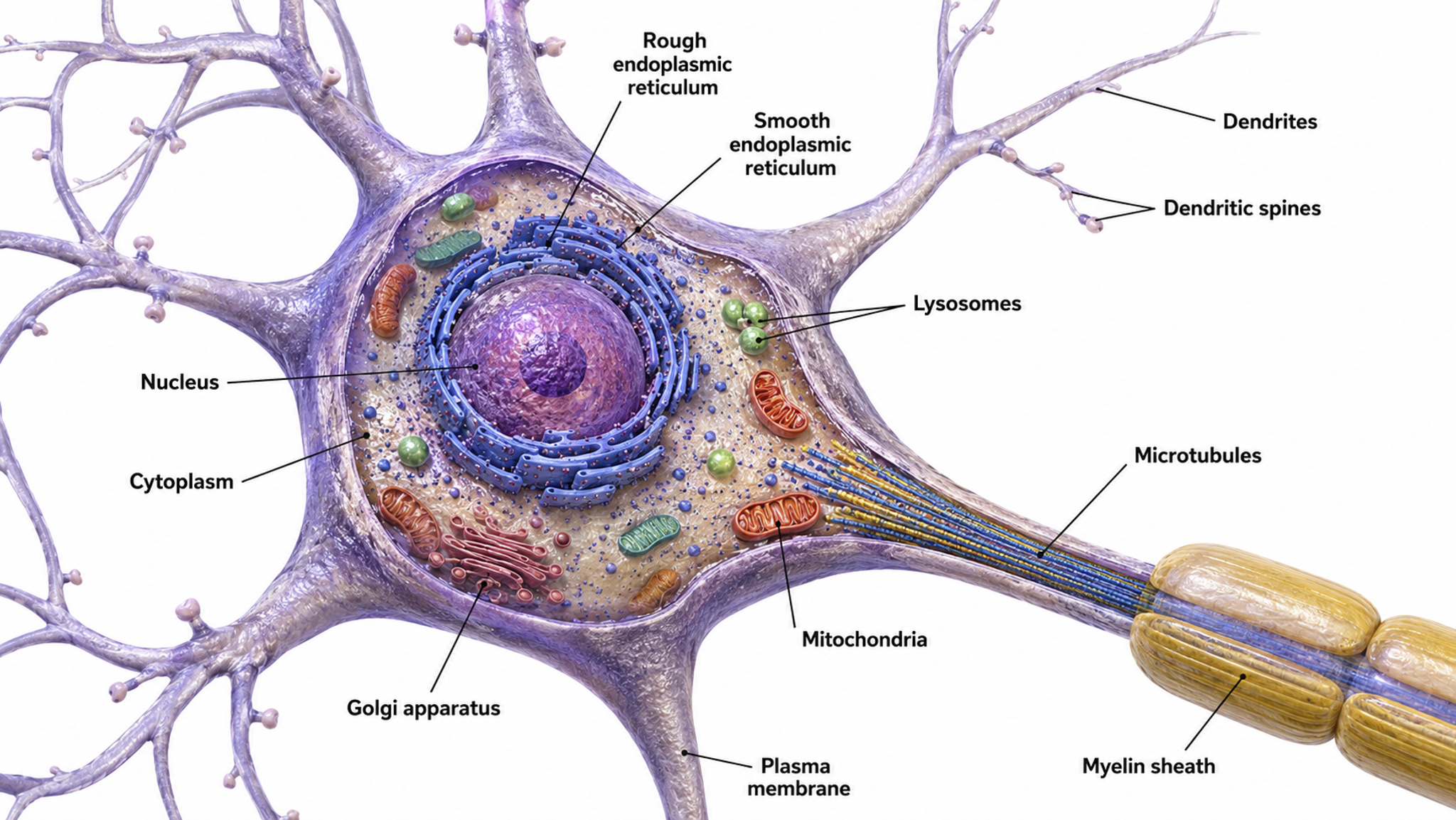 Labeled diagram of a neuron showing the cell body, dendrites, axon hillock, axon, myelin, and terminal buttons.