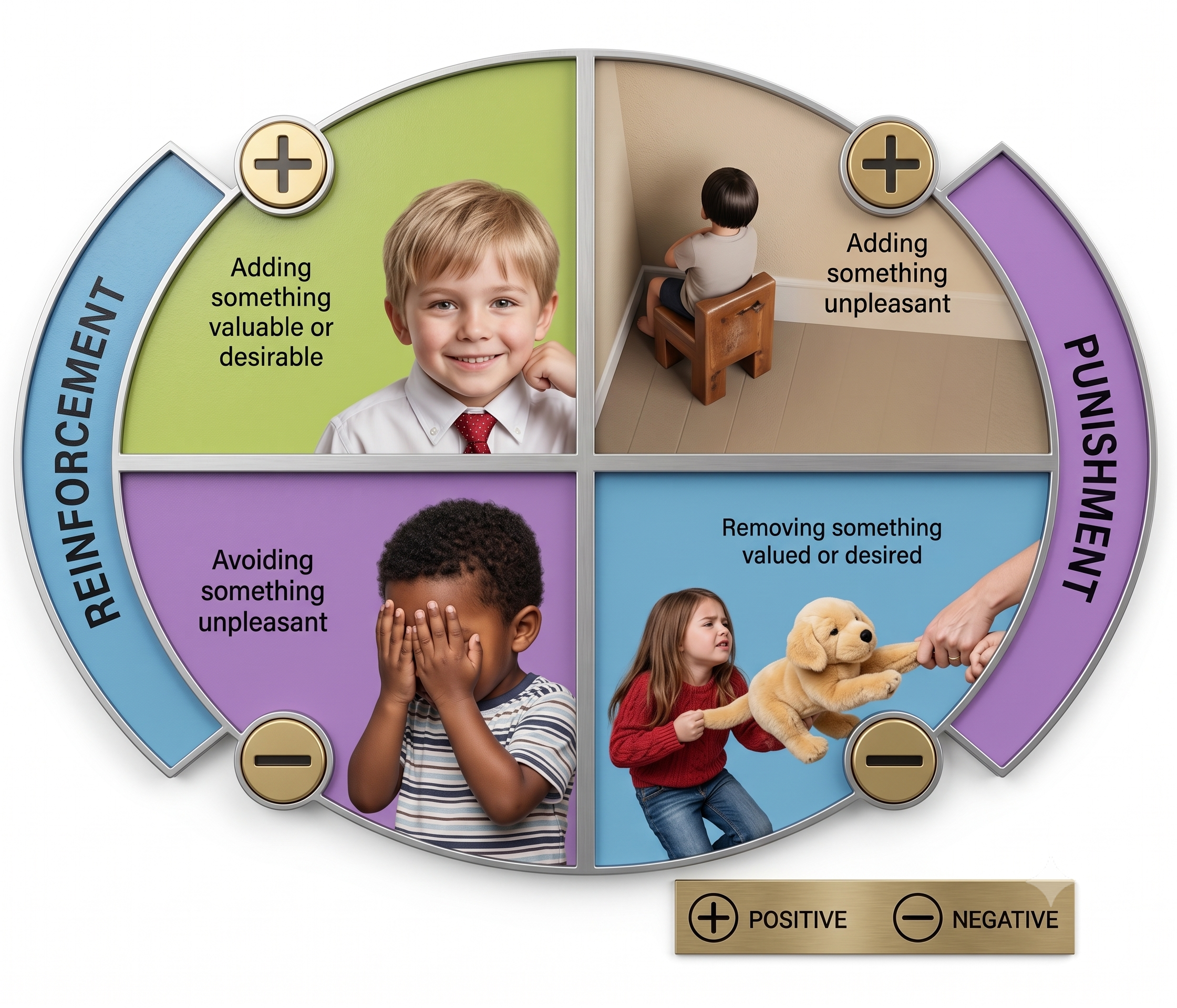 Two-by-two diagram of reinforcement and punishment crossed with adding and removing a stimulus