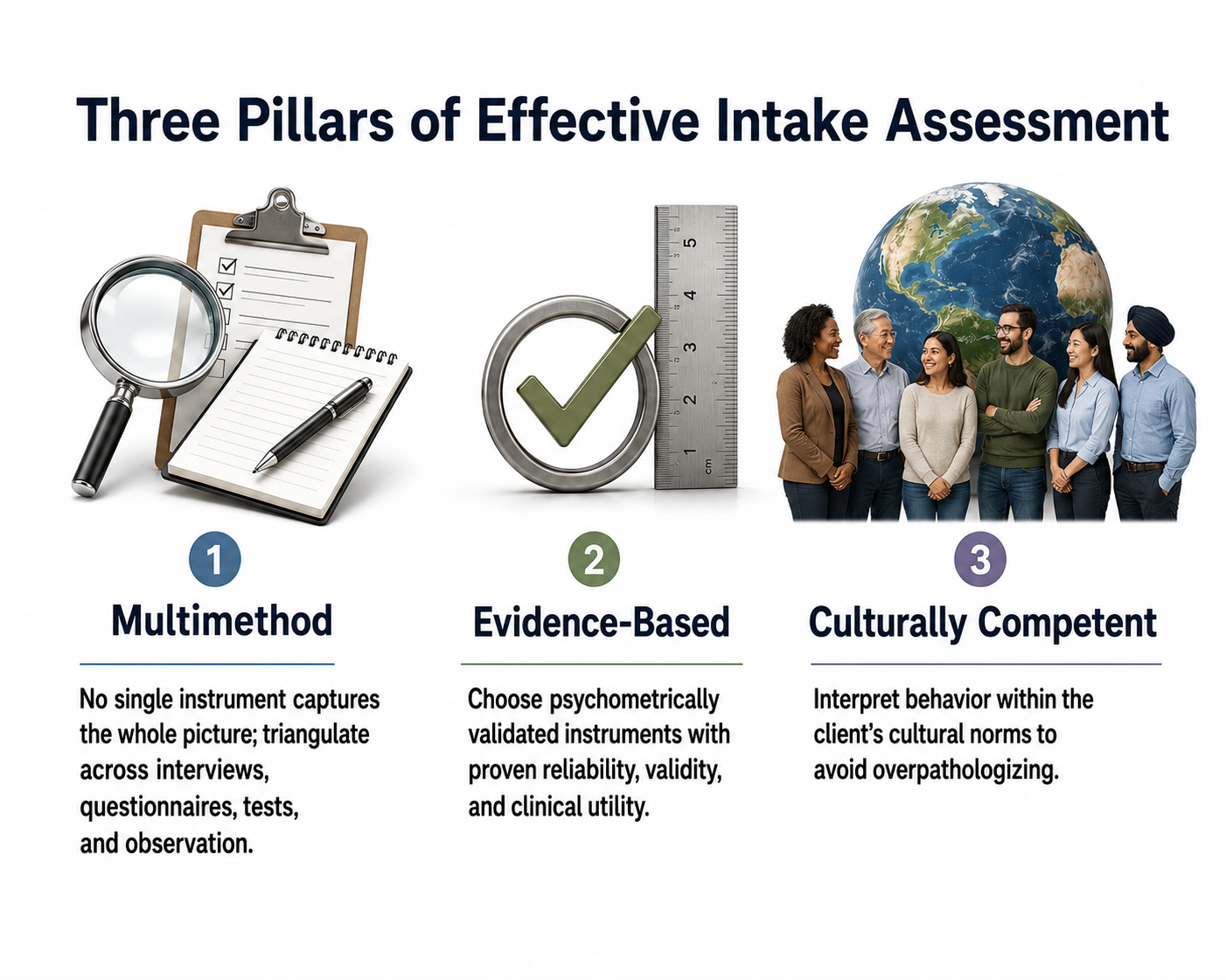 Infographic showing the three pillars of intake assessment: multimethod, evidence-based, and culturally competent