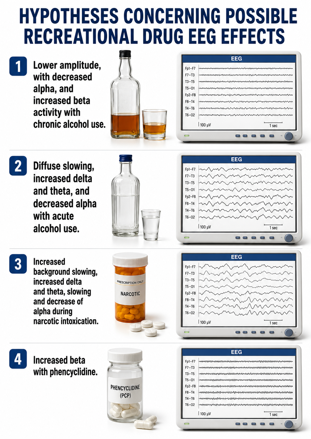 Summary table of hypotheses concerning possible recreational drug EEG effects