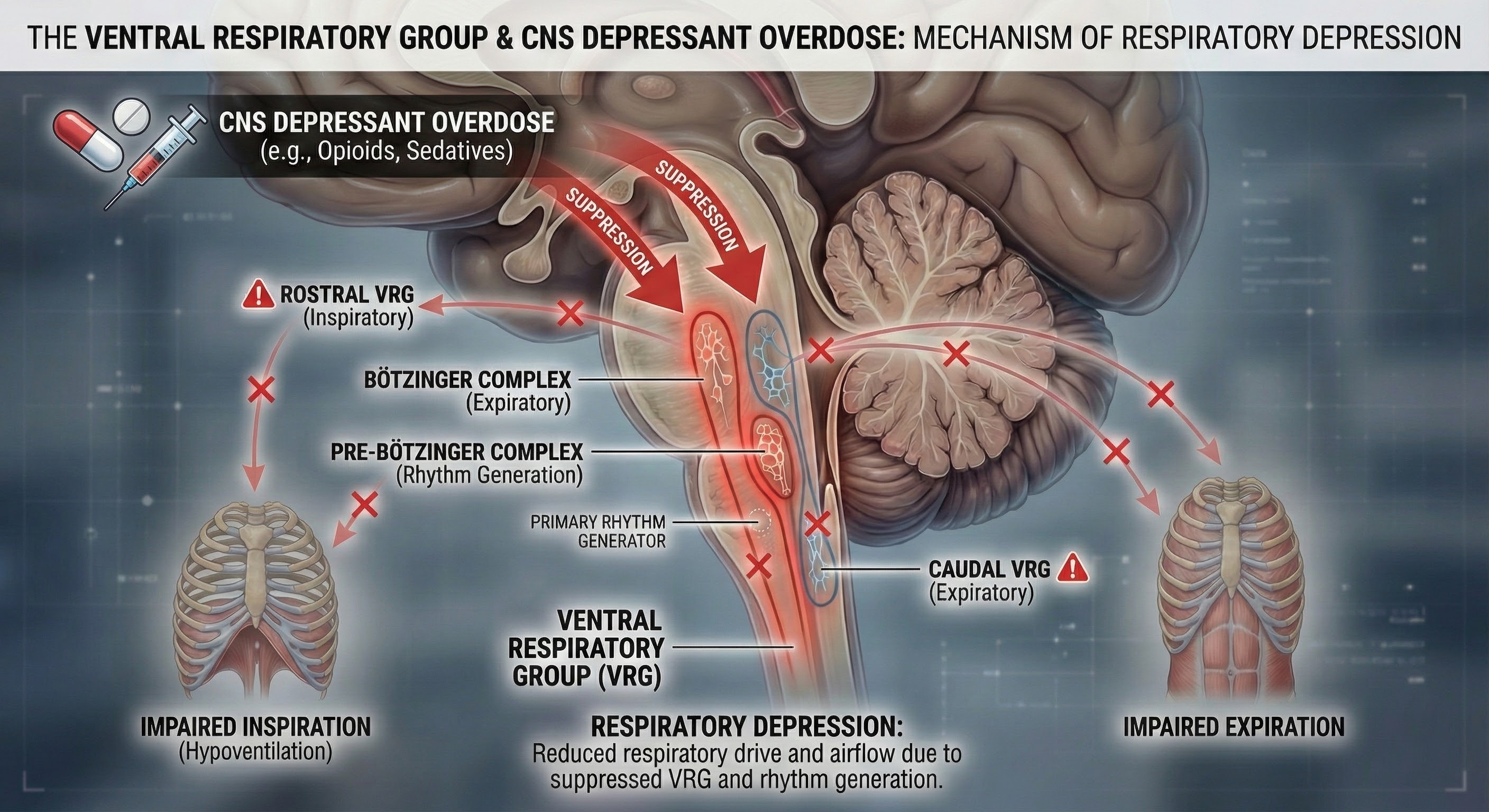 Infographic showing how CNS depressant overdose suppresses brainstem respiratory centers to cause respiratory depression