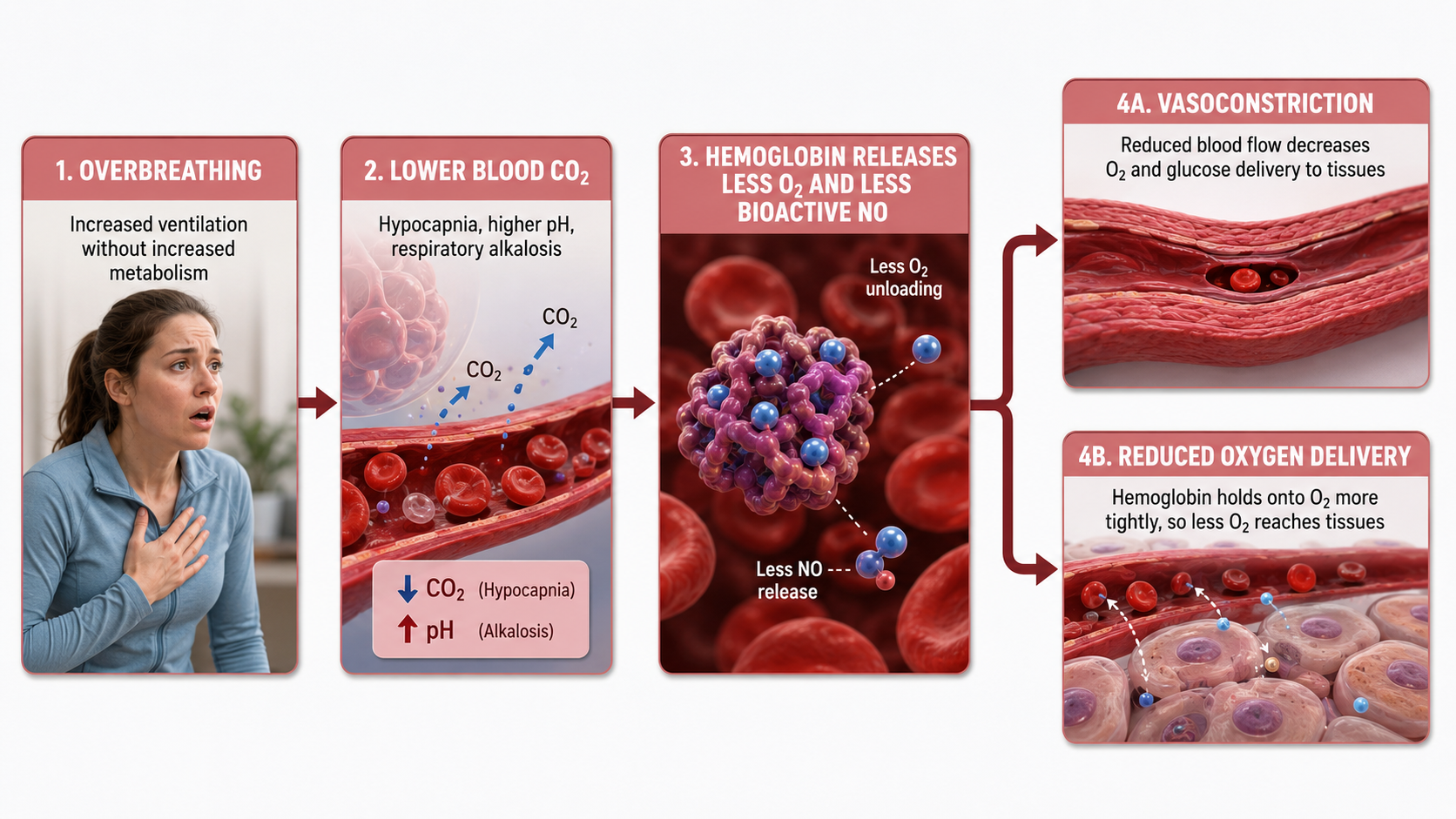 Diagram of overbreathing chemistry depleting CO2 and keeping oxygen bound to hemoglobin