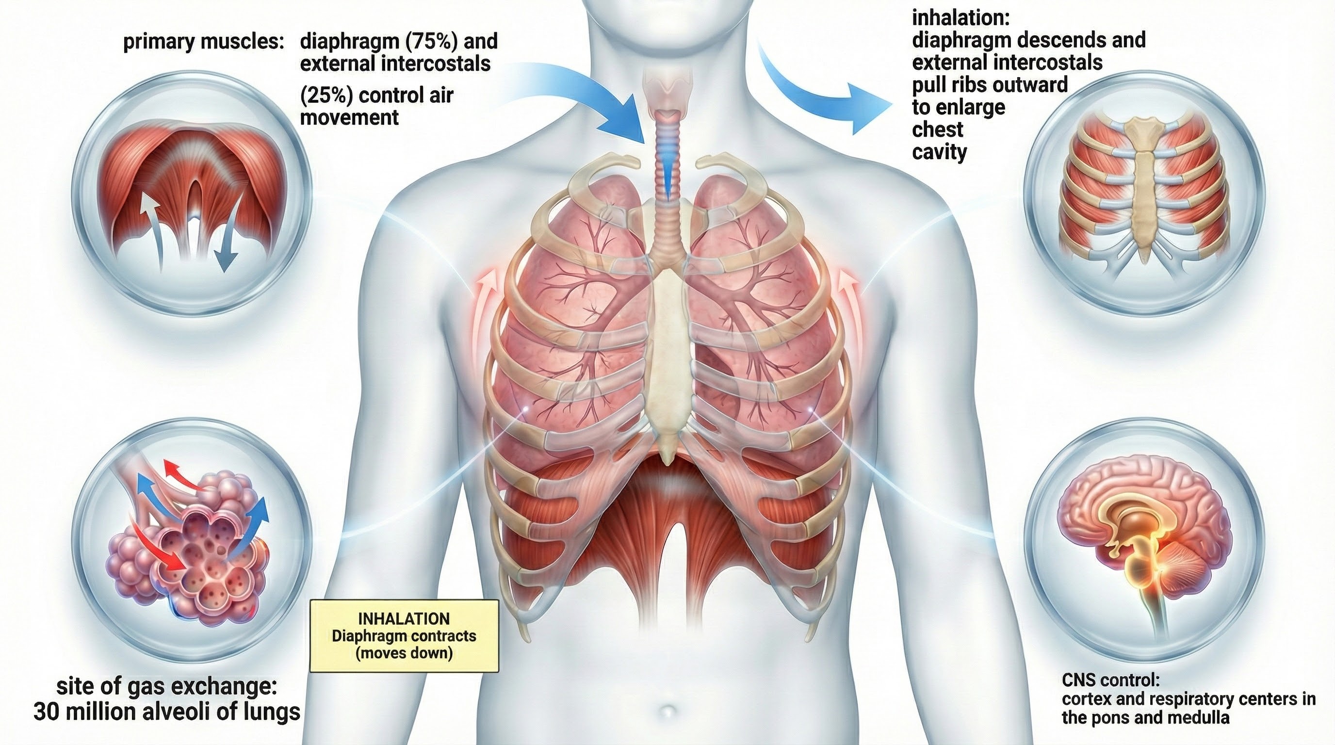 Photorealistic overview of respiratory anatomy including muscles of respiration, alveolar gas exchange, and nervous system control