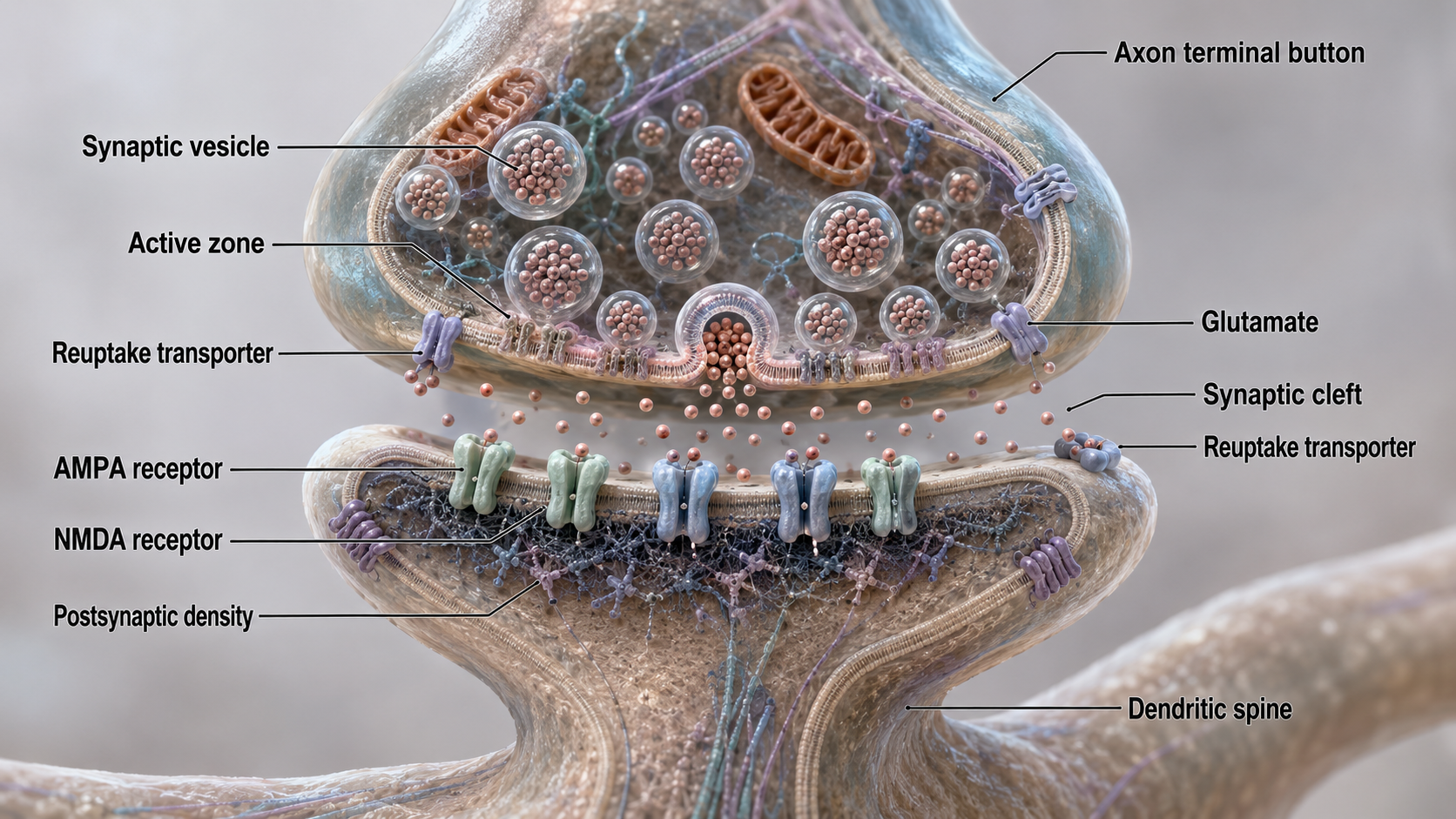 Diagram of a synaptic junction showing the presynaptic terminal with vesicles, the synaptic cleft, and postsynaptic receptors.