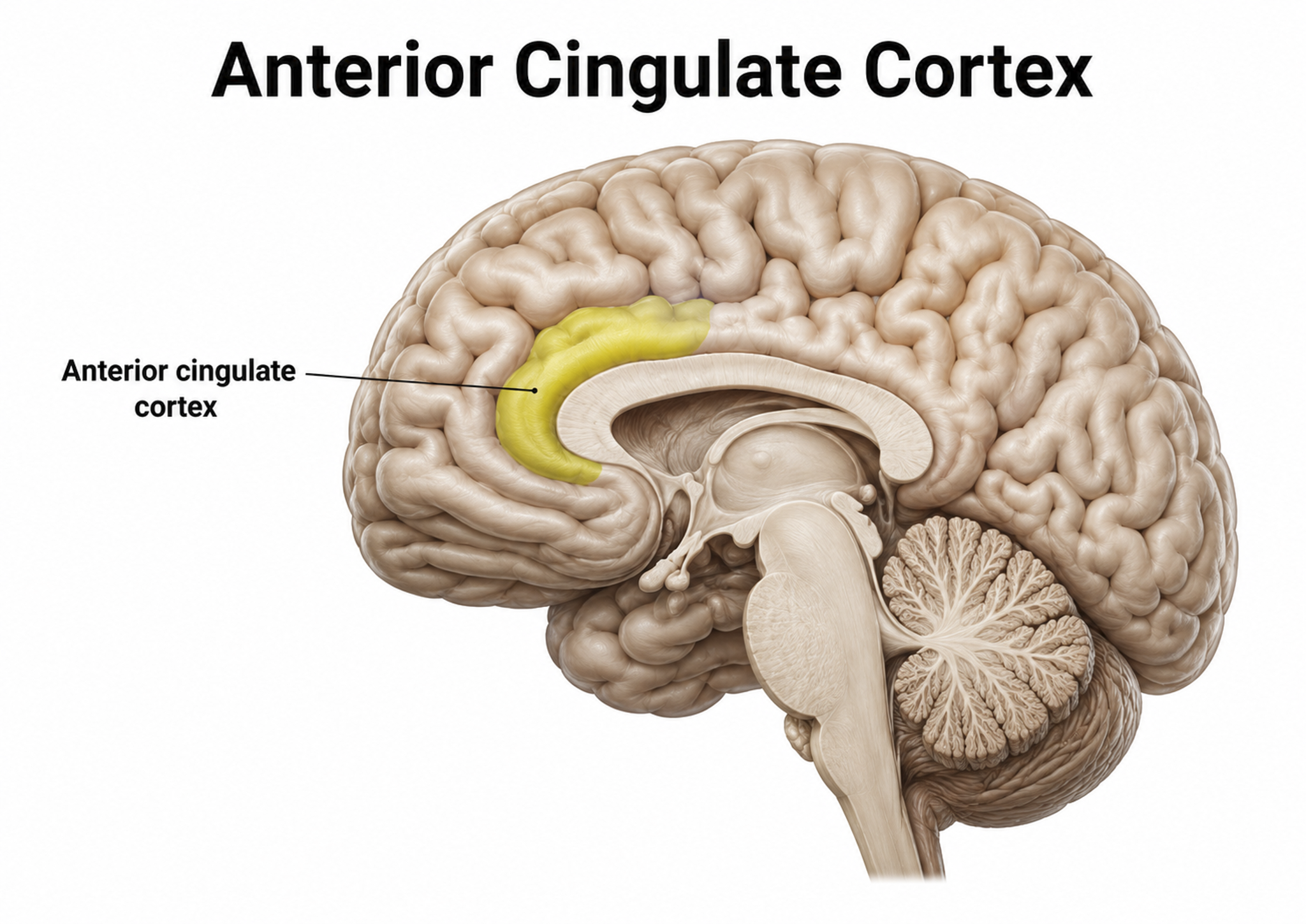 The anterior cingulate cortex shown on a midsagittal view