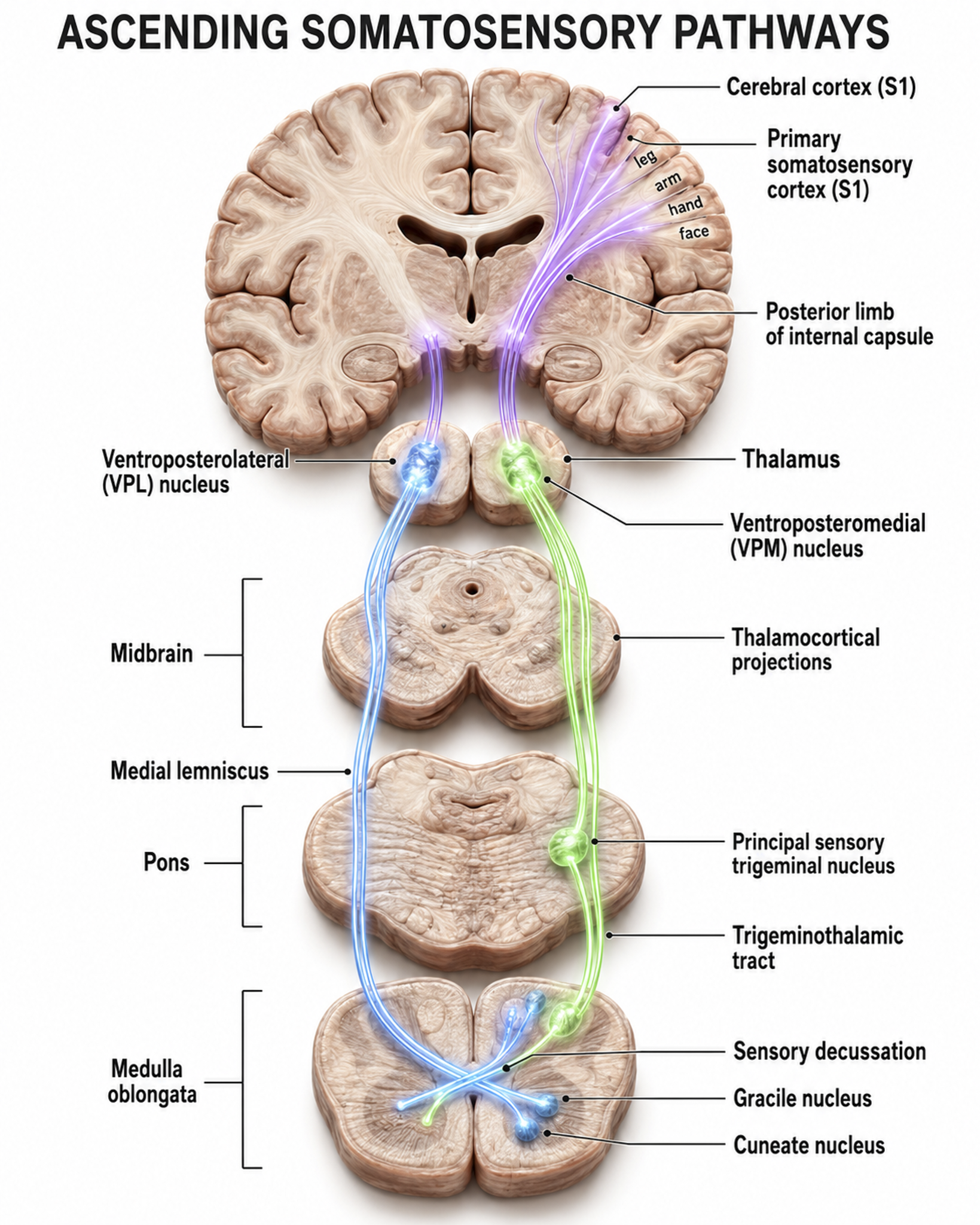 Diagram of the ascending somatosensory pathway from the dorsal horn through decussation in the medulla and the ventral posterior nucleus to the primary somatosensory cortex