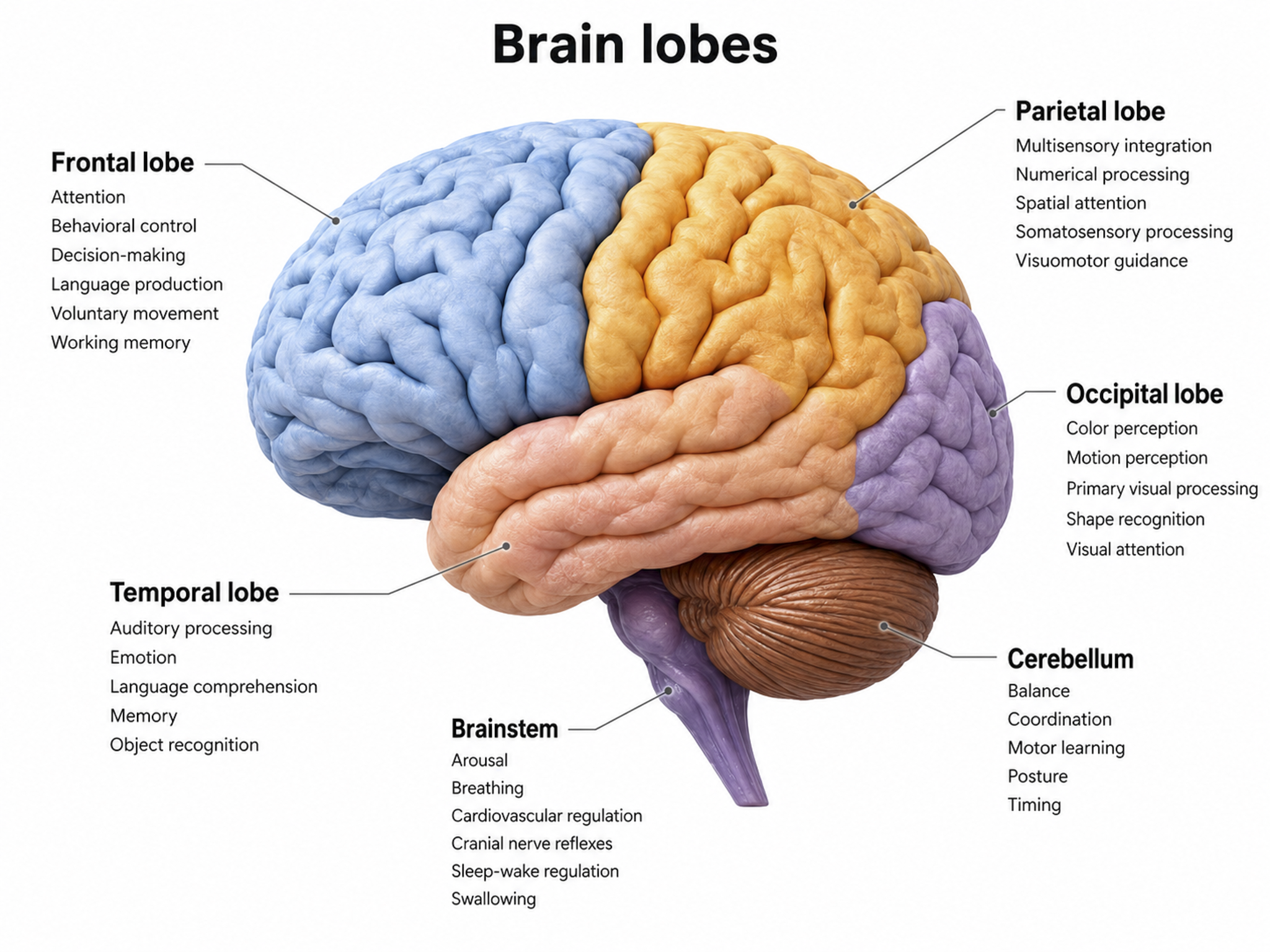 The four cortical lobes shown on a lateral view of the brain