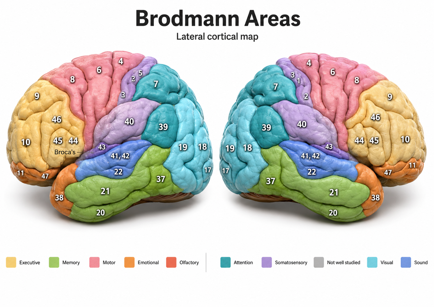Colored map of the numbered Brodmann areas of the cerebral cortex
