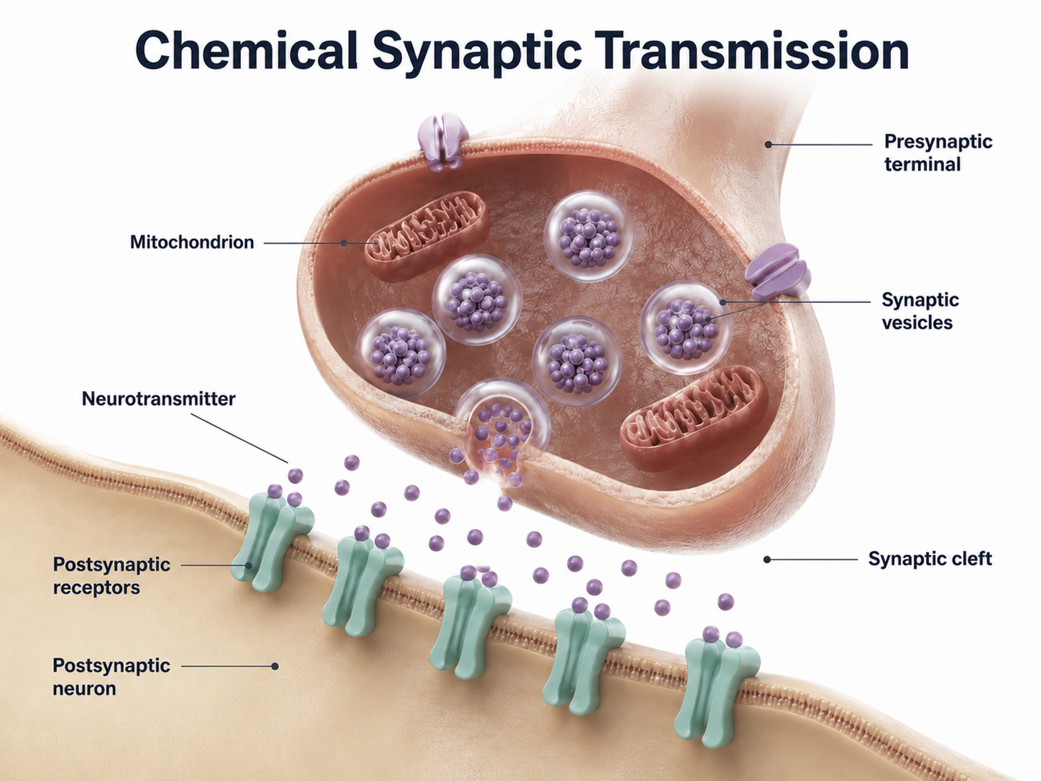 Neurotransmitter release by exocytosis at the synapse