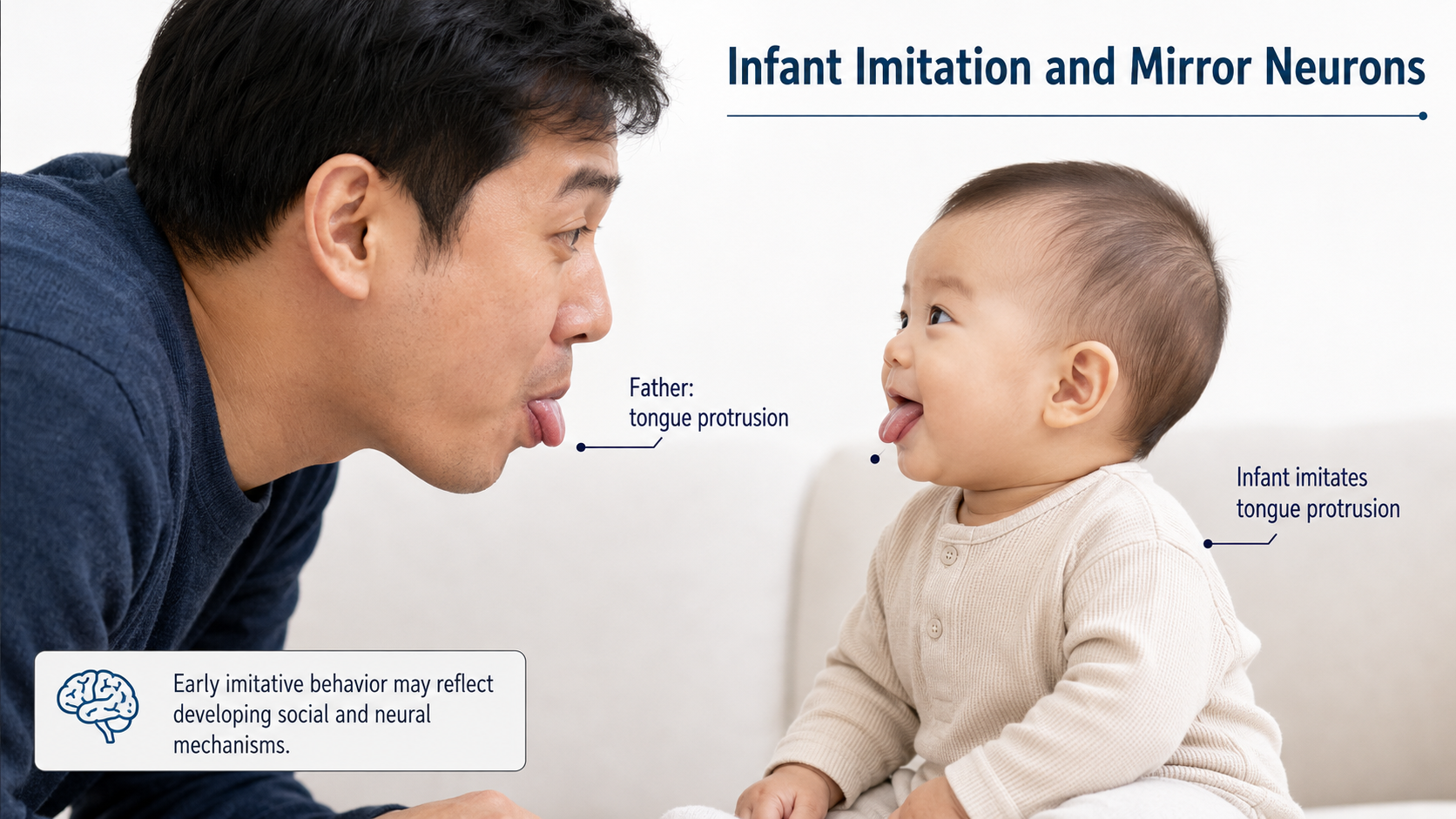 Infant imitating an adult tongue protrusion