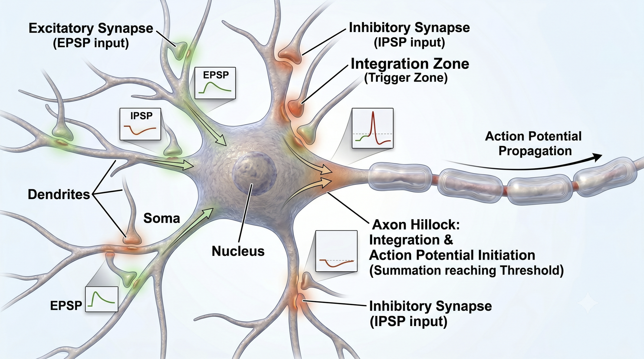 Integration of postsynaptic potentials at the axon hillock