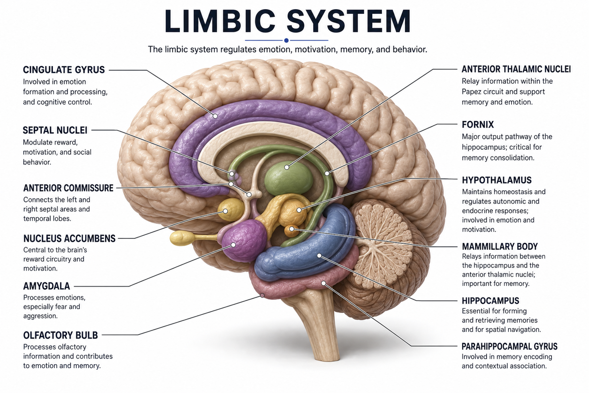 Limbic structures including the amygdala, hippocampus, and hypothalamus
