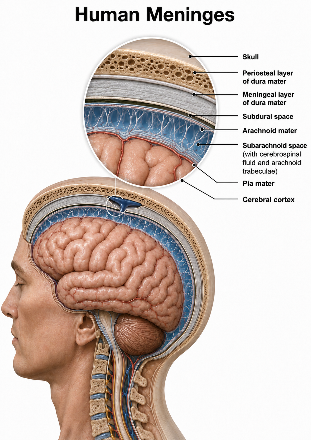 The three meninges covering the brain: dura mater, arachnoid, and pia mater
