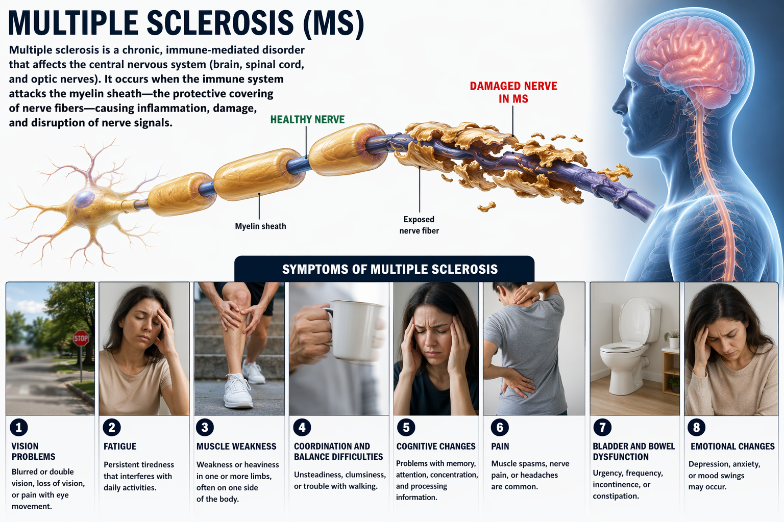 Symptoms of multiple sclerosis caused by demyelination