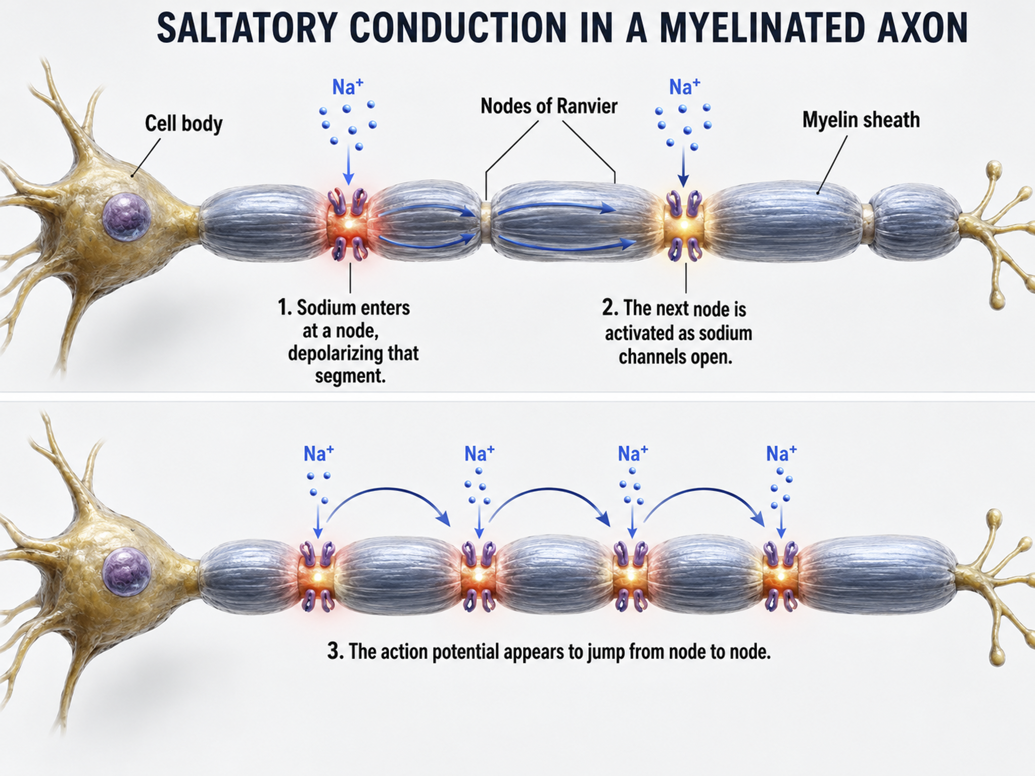 Saltatory conduction along a myelinated axon