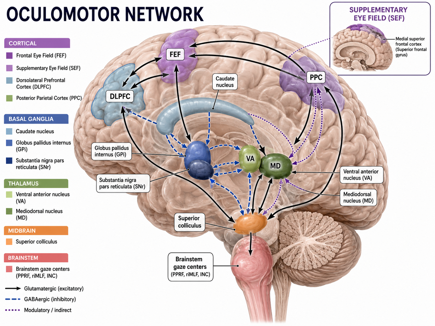 Diagram of the oculomotor network and its connections